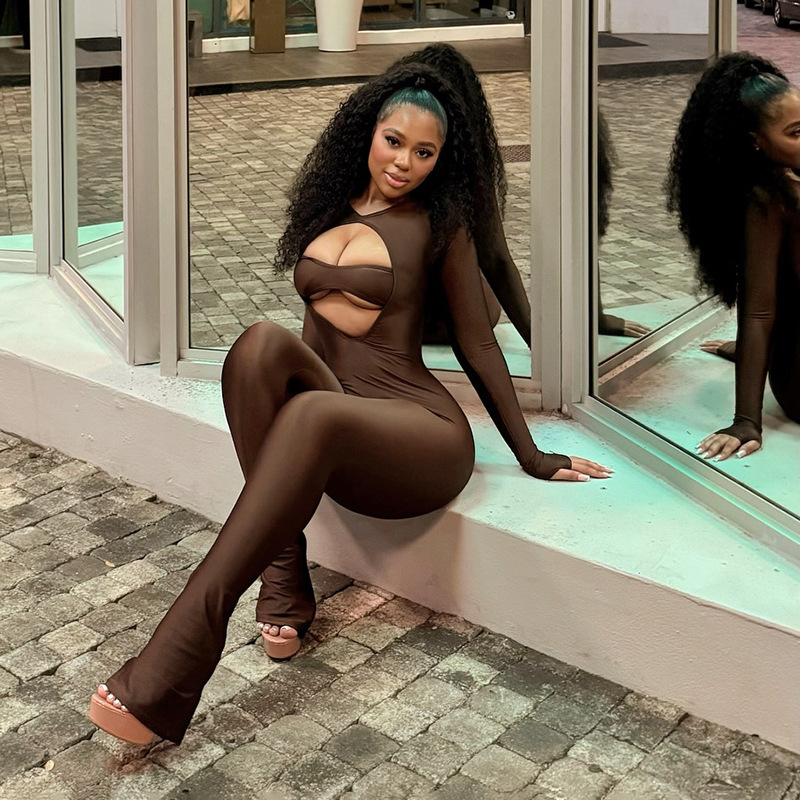 Long-Sleeve Hollow-Out Zipper Jumpsuit for Clubwear