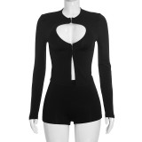 Women Autumn Solid Sexy Hollow-Out Long-Sleeve Top and Shorts Two-Piece Set