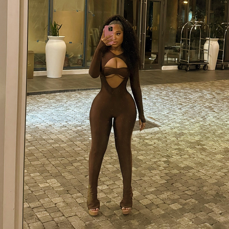 Long-Sleeve Hollow-Out Zipper Jumpsuit for Clubwear