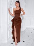Women Sexy Evening Dress Patchwork Ruffle Slit Evening Dress