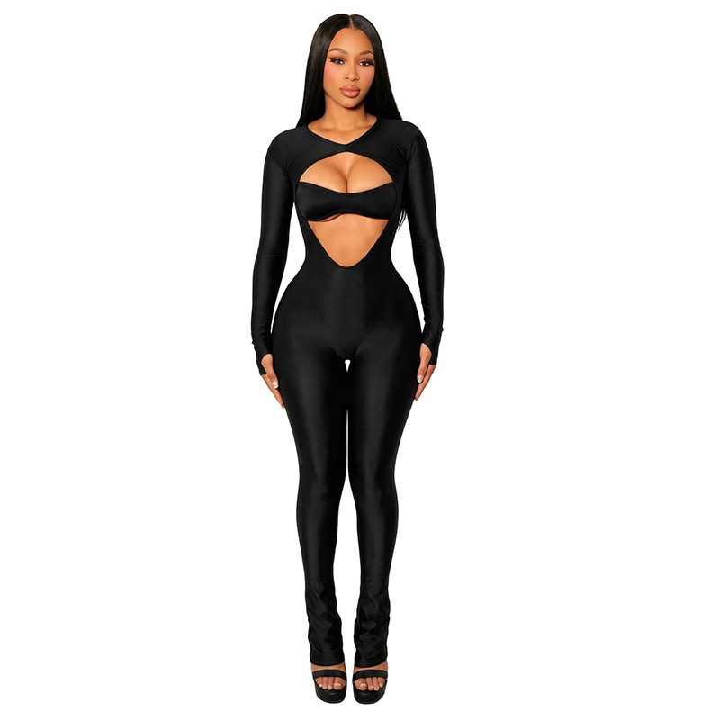 Long-Sleeve Hollow-Out Zipper Jumpsuit for Clubwear