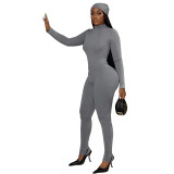 Women Autumn Solid Headscarf and Jumpsuit Two-Piece Set
