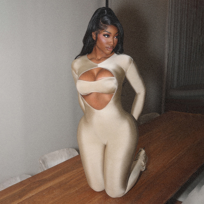 Long-Sleeve Hollow-Out Zipper Jumpsuit for Clubwear