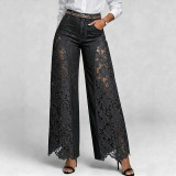 Women Patchwork Lace Wide-Leg Hollow-Out Floral Lace See-Through Bell Bottom Pants