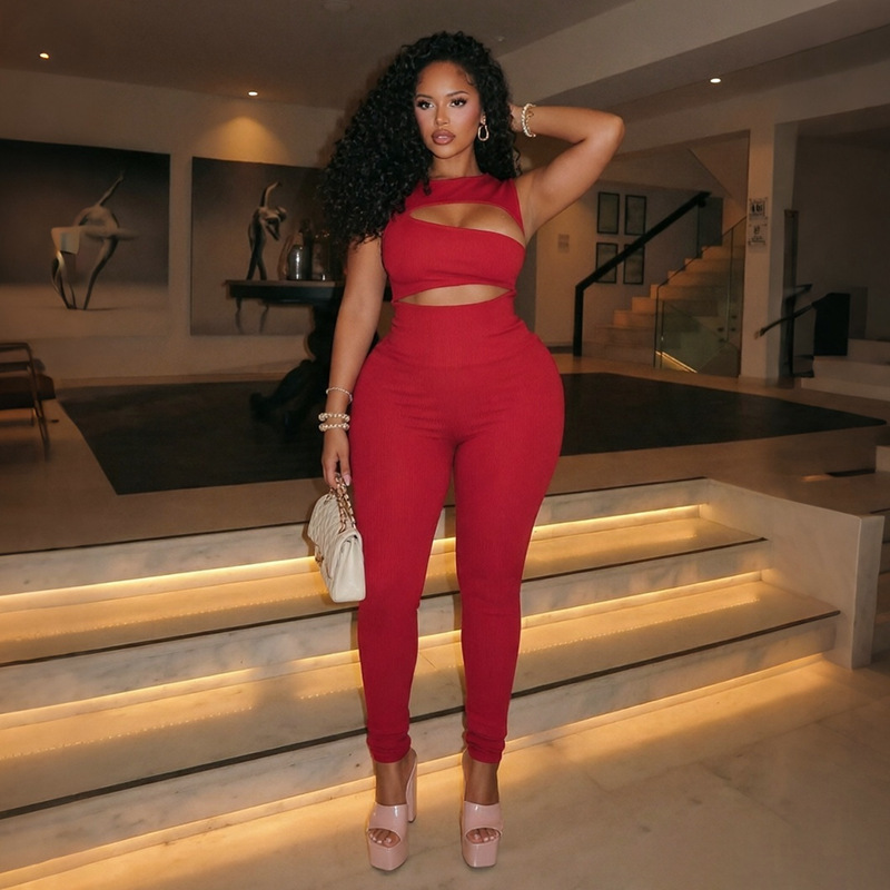 Solid Sleeveless Hollow-Out Jumpsuit for Clubwear