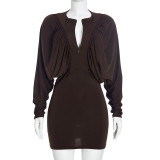 Women Autumn Solid Long-Sleeve Patchwork Zipper Bodycon Dress