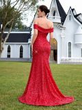 Women Party Sequin Off-Shoulder Slit Evening Dress