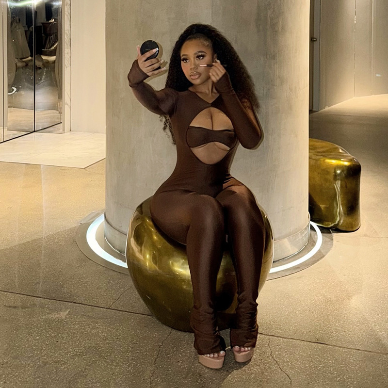 Long-Sleeve Hollow-Out Zipper Jumpsuit for Clubwear