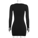Women Autumn Solid Square Neck Lace Patchwork Long-Sleeve Sexy Bodycon