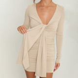 Women Solid Long-Sleeve V-Neck Pleated Ribbon Gathered Bodycon Dress