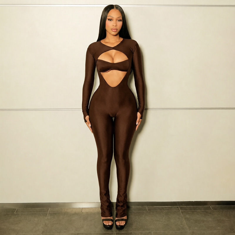 Long-Sleeve Hollow-Out Zipper Jumpsuit for Clubwear