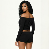 Women Sexy Hollow-Out Off-Shoulder Top and Studded Shorts Two-Piece Set