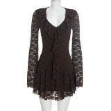 Women Autumn Sexy V-Neck Lace Ruffle Bell Bottom Long-Sleeve Dress