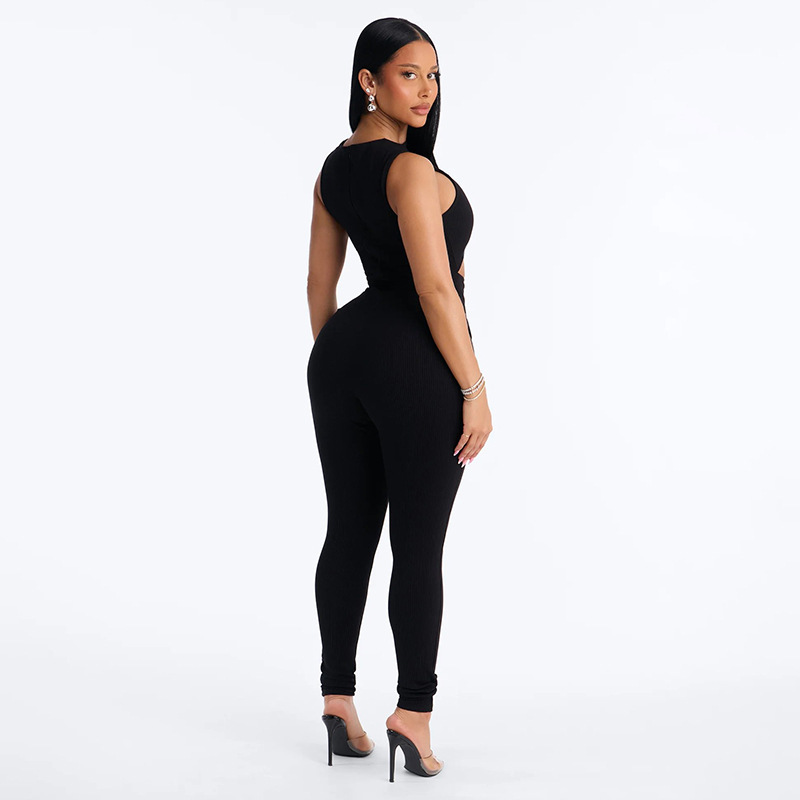 Solid Sleeveless Hollow-Out Jumpsuit for Clubwear