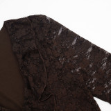 Women Autumn Sexy V-Neck Lace Ruffle Bell Bottom Long-Sleeve Dress