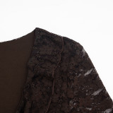 Women Autumn Sexy V-Neck Lace Ruffle Bell Bottom Long-Sleeve Dress