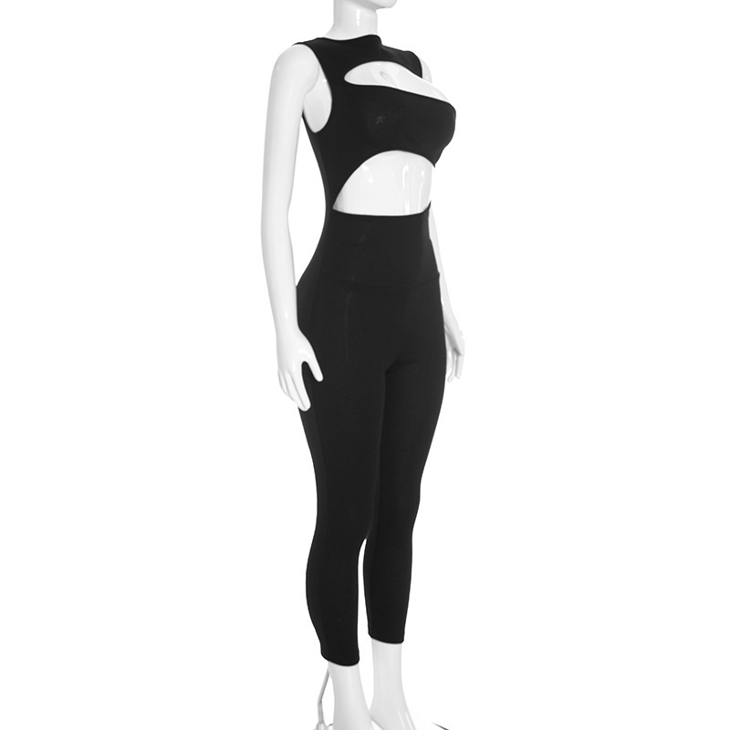 Solid Sleeveless Hollow-Out Jumpsuit for Clubwear