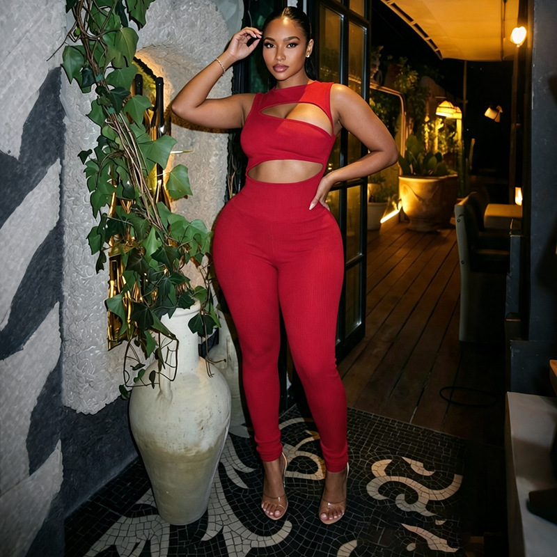 Solid Sleeveless Hollow-Out Jumpsuit for Clubwear