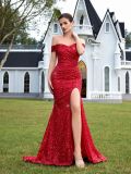Women Party Sequin Off-Shoulder Slit Evening Dress