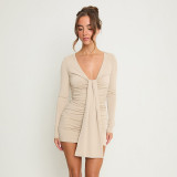 Women Solid Long-Sleeve V-Neck Pleated Ribbon Gathered Bodycon Dress