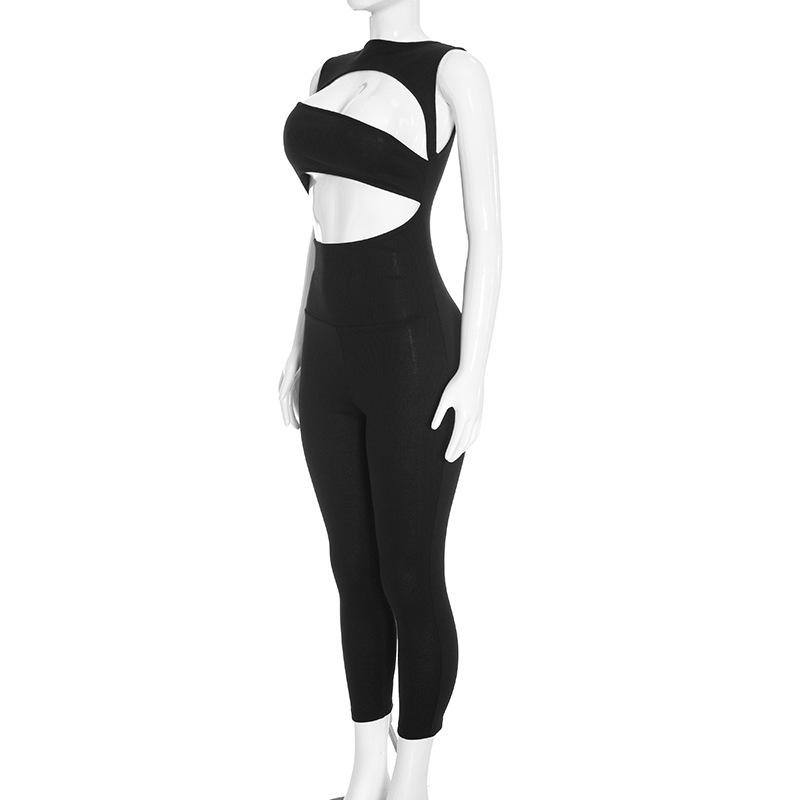 Solid Sleeveless Hollow-Out Jumpsuit for Clubwear