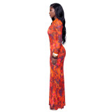 Women Sexy Print Color-Blocked Polo Neck Long-Sleeve Bodycon Maxi Dress