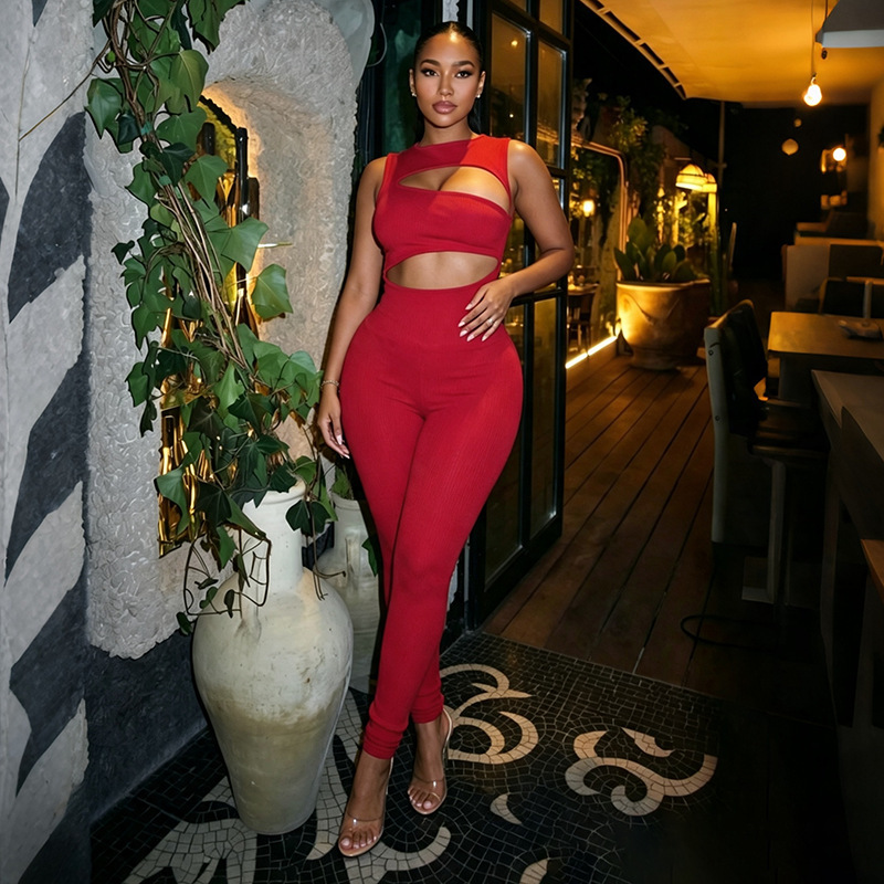 Solid Sleeveless Hollow-Out Jumpsuit for Clubwear