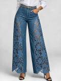 Women Patchwork Lace Wide-Leg Hollow-Out Floral Lace See-Through Bell Bottom Pants