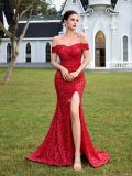 Women Party Sequin Off-Shoulder Slit Evening Dress