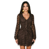 Women Autumn Sexy V-Neck Lace Ruffle Bell Bottom Long-Sleeve Dress