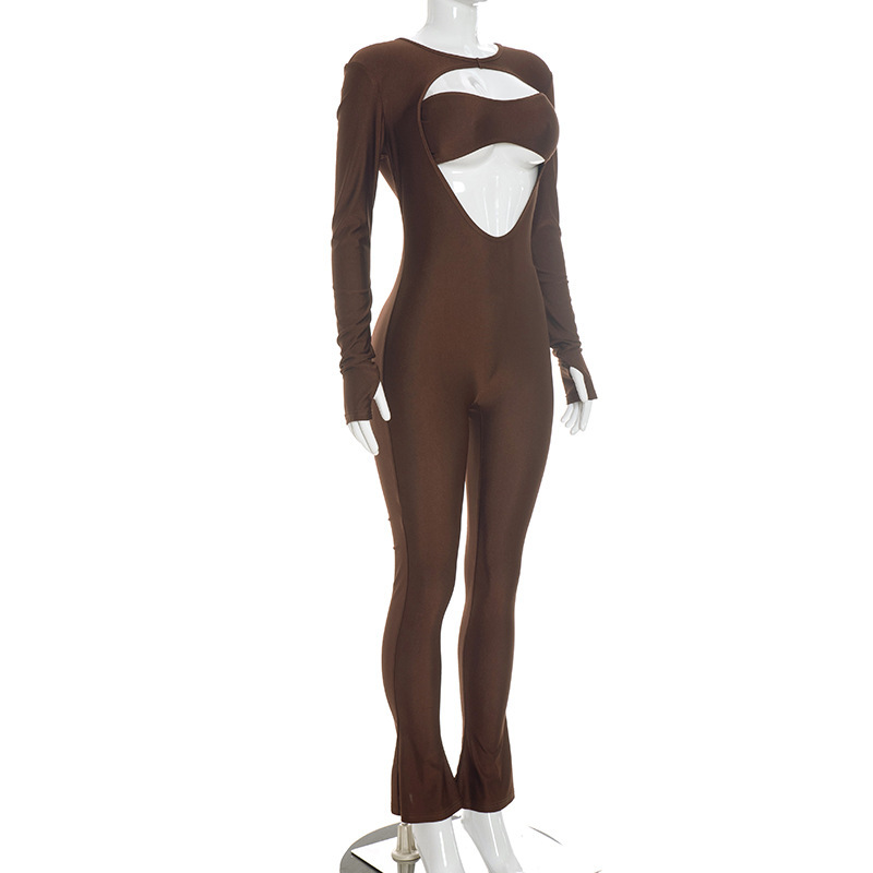 Long-Sleeve Hollow-Out Zipper Jumpsuit for Clubwear