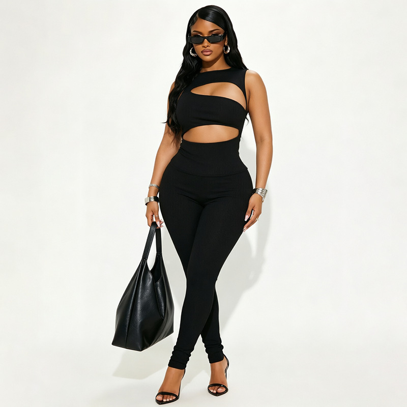Solid Sleeveless Hollow-Out Jumpsuit for Clubwear