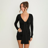 Women Solid Long-Sleeve V-Neck Pleated Ribbon Gathered Bodycon Dress
