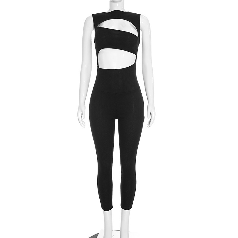 Solid Sleeveless Hollow-Out Jumpsuit for Clubwear