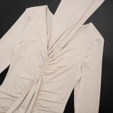 Women Solid Long-Sleeve V-Neck Pleated Ribbon Gathered Bodycon Dress