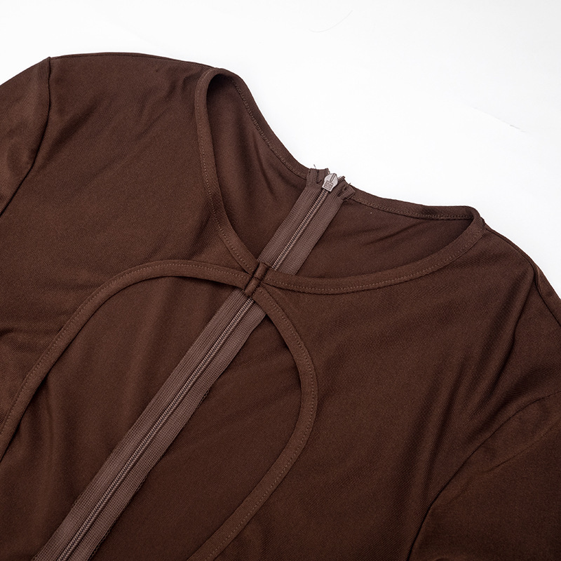 Long-Sleeve Hollow-Out Zipper Jumpsuit for Clubwear