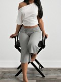 Women Casual American Spring/Summer Solid T-Shirt and Wide-Leg Pants Two-Piece Set