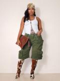 Women Summer American Military Green Wide-Leg Cargo Shorts