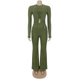 Women Ribbed Hollow-Out Long-Sleeve Casual Bell Bottom Jumpsuit