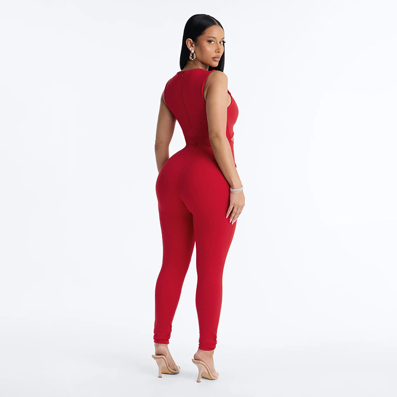 Solid Sleeveless Hollow-Out Jumpsuit for Clubwear