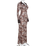 Women Sexy Print Color-Blocked Polo Neck Long-Sleeve Bodycon Maxi Dress