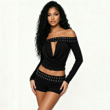Women Sexy Hollow-Out Off-Shoulder Top and Studded Shorts Two-Piece Set