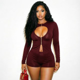 Women Autumn Solid Sexy Hollow-Out Long-Sleeve Top and Shorts Two-Piece Set