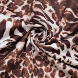 Women Sexy Print Color-Blocked Polo Neck Long-Sleeve Bodycon Maxi Dress