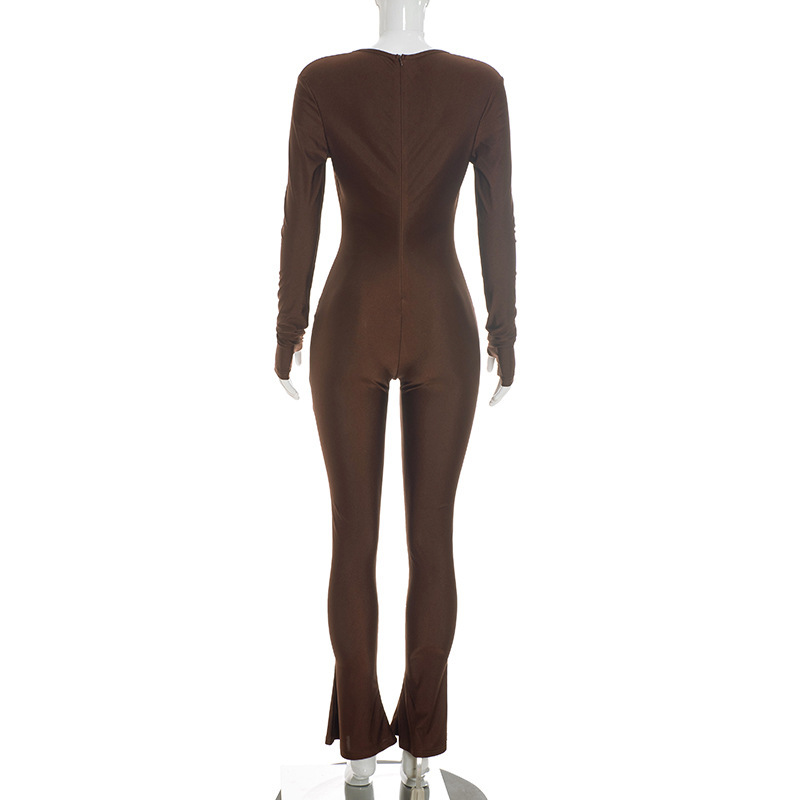 Long-Sleeve Hollow-Out Zipper Jumpsuit for Clubwear