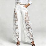 Women Patchwork Lace Wide-Leg Hollow-Out Floral Lace See-Through Bell Bottom Pants
