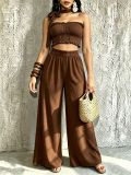 Women Casual Holidays Multi-Way Ruffle Edge Pleated Strapless Top and Wide-Leg Pants Two-Piece Set
