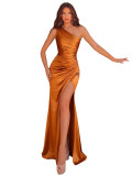 Women One-Shoulder Slash Shoulder Pleated Elegant Slit Bodycon Maxi Dress