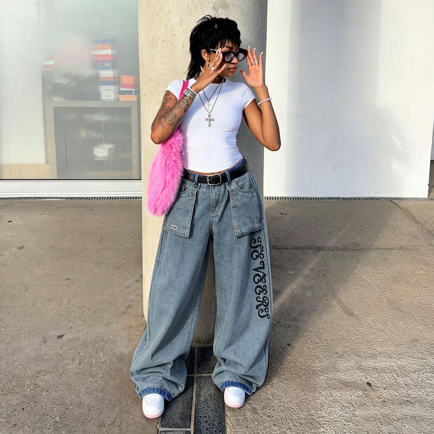 Letter Embroidered Pocket Washed Denim Pants for Streetwear