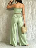 Women Casual Holidays Multi-Way Ruffle Edge Pleated Strapless Top and Wide-Leg Pants Two-Piece Set